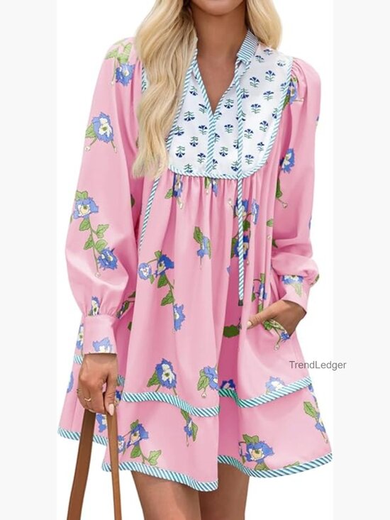 Dresses & Skirts - Long Sleeve V Neck Mini Dress Floral Patchwork Loose Boho Casual